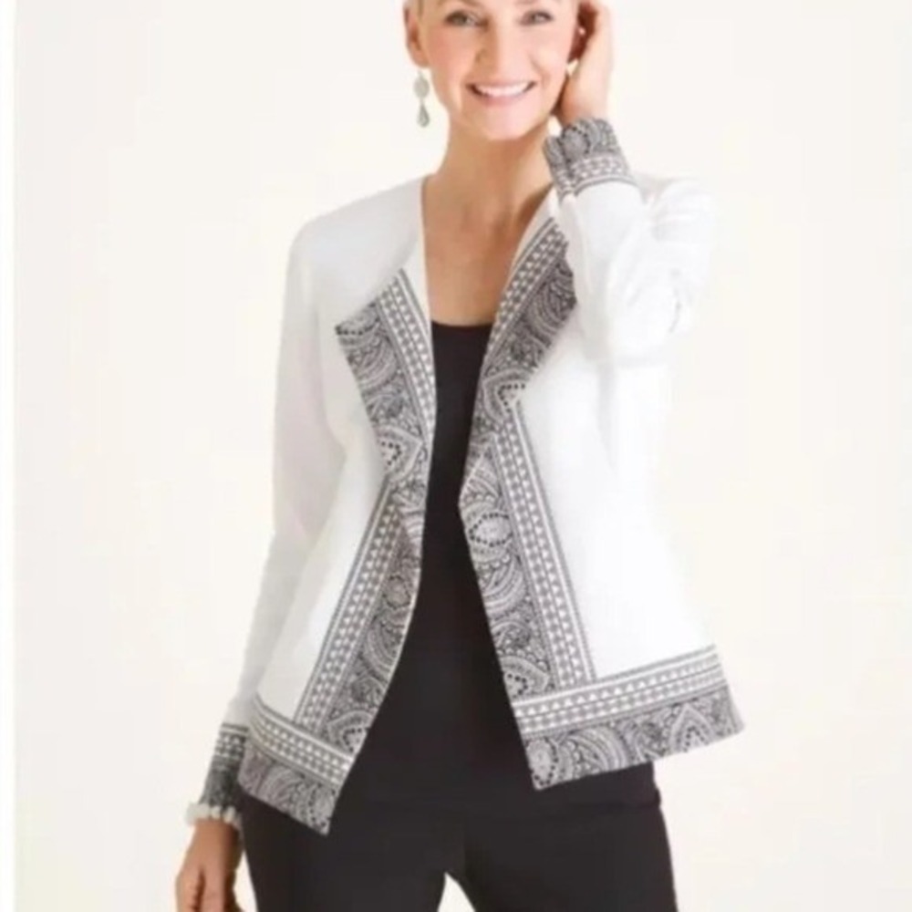 Chico's Blazer‎ Paisley Border Print Open Front, Women 3 (16/18) White Black